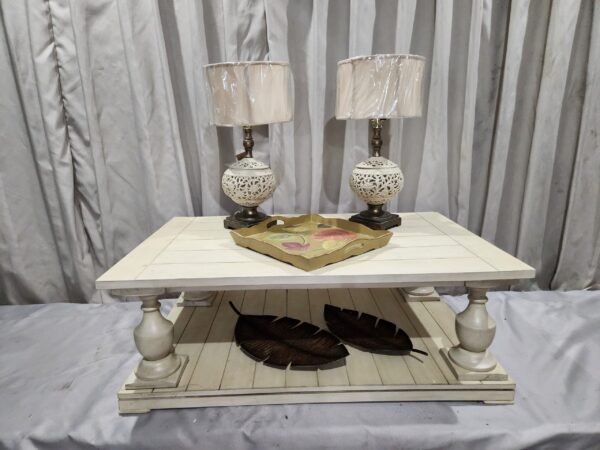 Large wooden coffee table and decor lot