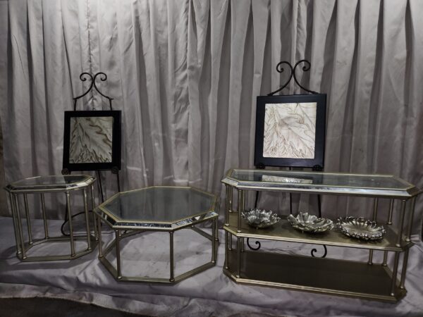 Large glass top table and decor lot