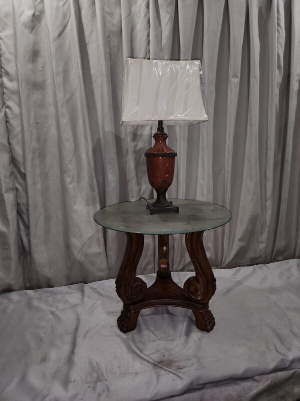 Gorgeous wood table with claw foot design and lamp