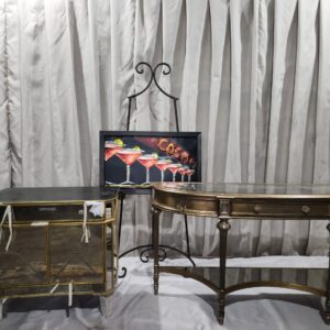 Sofa/Entry way table with artwork and glass chest