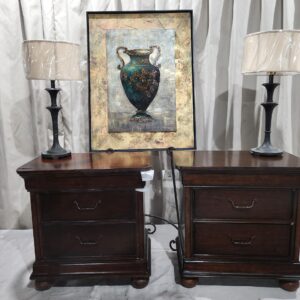Set of two nightstands 2 lamps and oil painting