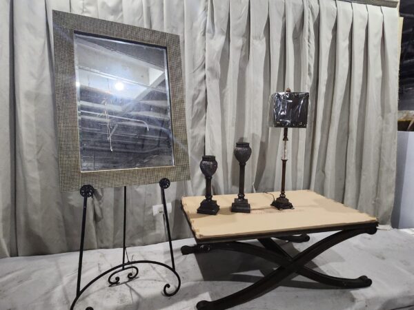 Wood/glass top table and 4 accessory items